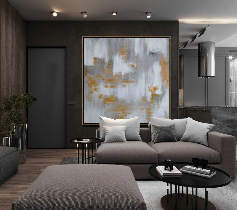 Huge Abstract Painting On Canvas,Large Abstract Landscape Oil Painting On Canvas,Hand Paint Abstract Painting,White,Grey,Yellow